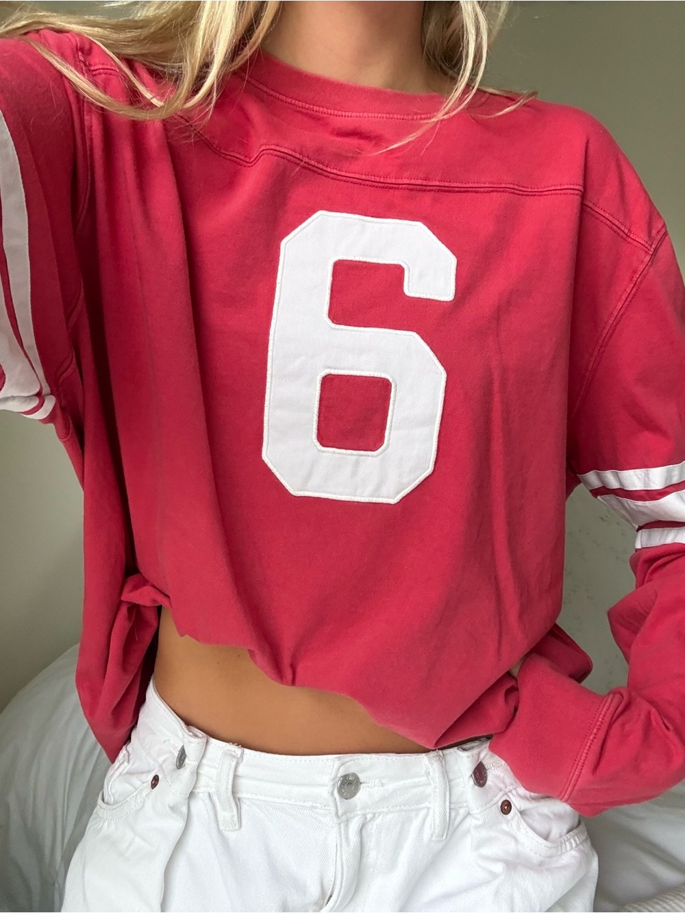 Red Varsity Long-Sleeve Top with White Number 6